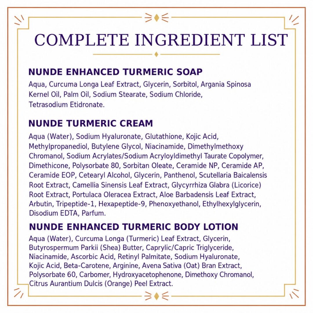 Nunde Enhanced Turmeric Brightening Set Ingredient List Complete ingredient list for the Nunde Enhanced Turmeric Brightening Set, including turmeric soap, face cream, and body lotion.