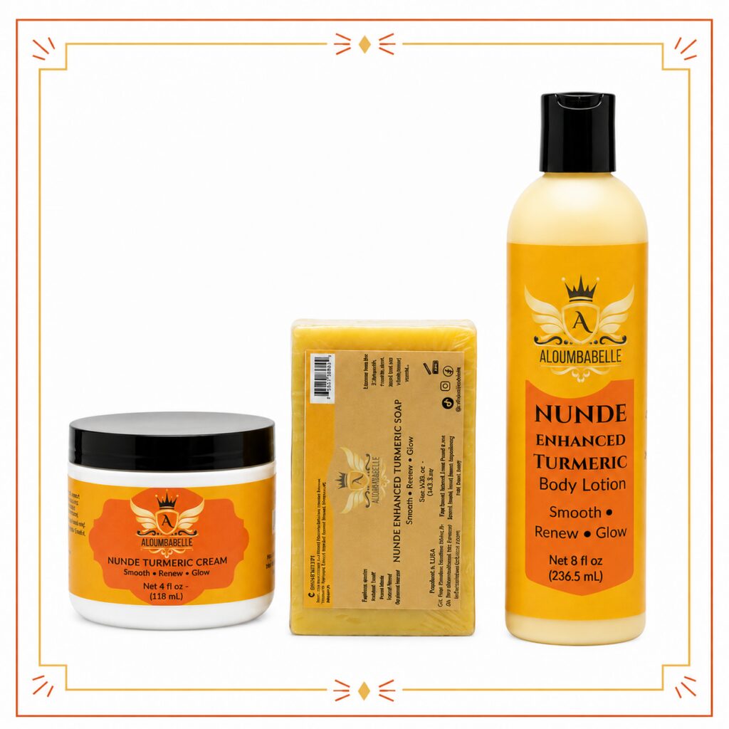 Nunde Enhanced Turmeric Brightening Set Nunde Enhanced Turmeric Brightening Set featuring face cream, turmeric soap, and body lotion displayed together on a white background.
